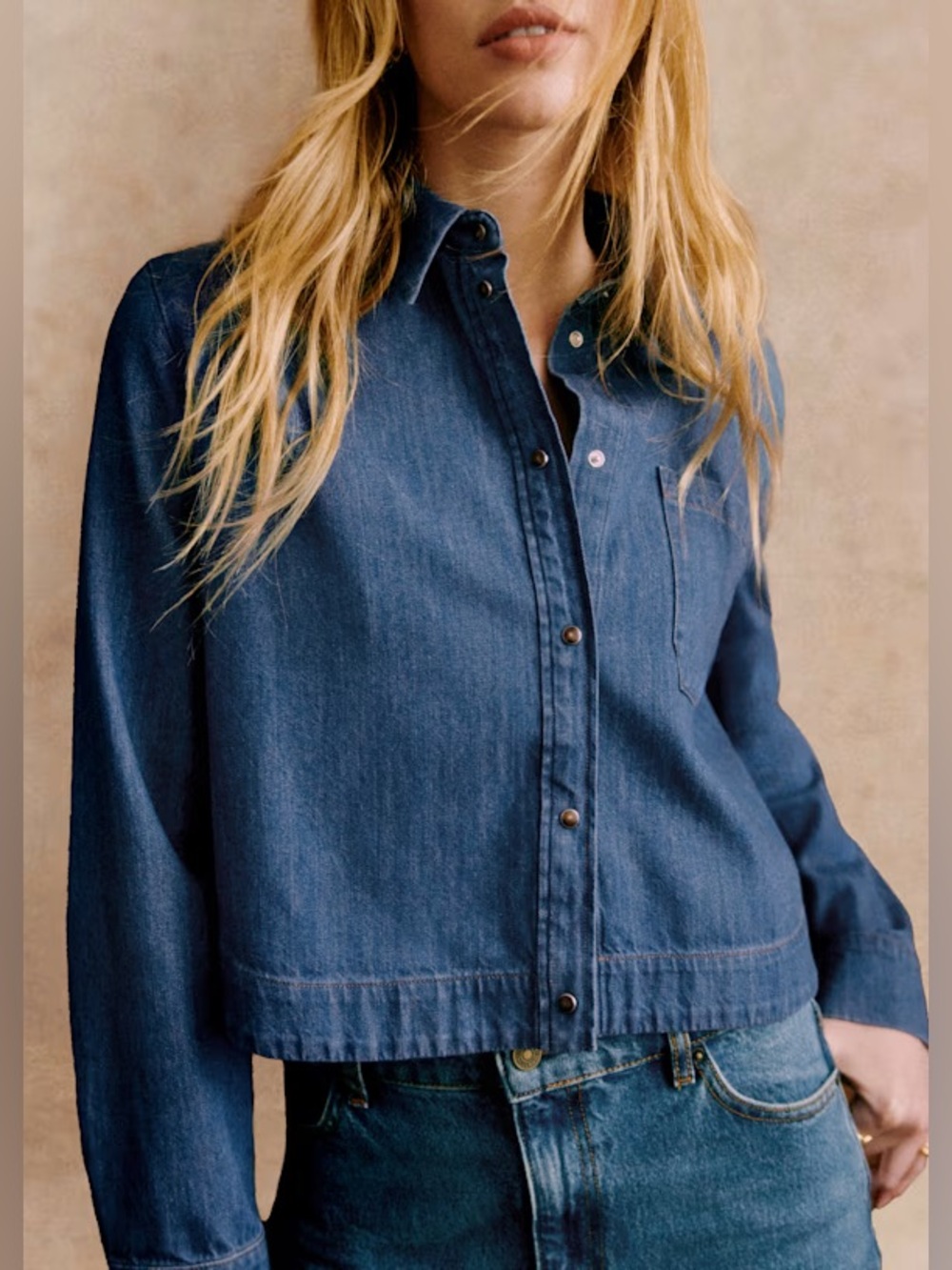 Sezane NWT Maella Women's Dark Blue Denim Button-Front Shirt cropped jacket